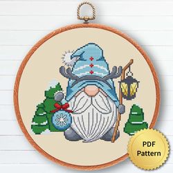 Blue Christmas Gnome Cross Stitch Pattern, Easy Cute Gnome Ornaments Embroidery, Counted Cross Stitch Chart. 1 of 6