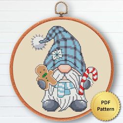 Blue Christmas Gnome Cross Stitch Pattern, Easy Cute Gnome Ornaments Embroidery, Counted Cross Stitch Chart. 2 of 6