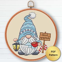 Blue Christmas Gnome Cross Stitch Pattern, Easy Cute Gnome Ornaments Embroidery, Counted Cross Stitch Chart. 3 of 6