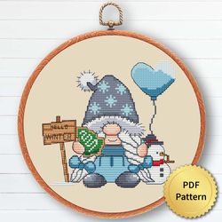 Blue Christmas Gnome Cross Stitch Pattern, Easy Cute Gnome Ornaments Embroidery, Counted Cross Stitch Chart. 5 of 6