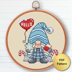 Blue Christmas Gnome Cross Stitch Pattern, Easy Cute Gnome Ornaments Embroidery, Counted Cross Stitch Chart. 4 of 6