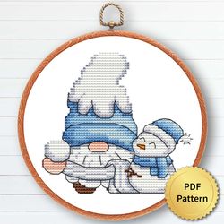 Blue Christmas Gnome Cross Stitch Pattern, Easy Cute Gnome Ornaments Embroidery, Counted Cross Stitch Chart. 1 of 15