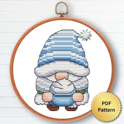 Blue Christmas Gnome Cross Stitch Pattern, Easy Cute Gnome Ornaments Embroidery, Counted Cross Stitch Chart. 2 of 15