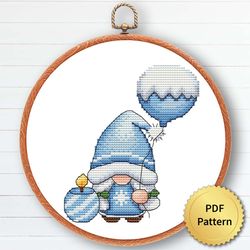 Blue Christmas Gnome Cross Stitch Pattern, Easy Cute Gnome Ornaments Embroidery, Counted Cross Stitch Chart. 3 of 15