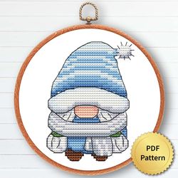 Blue Christmas Gnome Cross Stitch Pattern, Easy Cute Gnome Ornaments Embroidery, Counted Cross Stitch Chart. 5 of 9