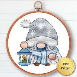 Blue Christmas Gnome Cross Stitch Pattern, Easy Cute Gnome Ornaments Embroidery, Counted Cross Stitch Chart. 6 of 9