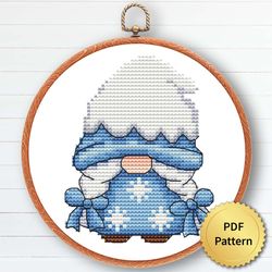 Blue Christmas Gnome Cross Stitch Pattern, Easy Cute Gnome Ornaments Embroidery, Counted Cross Stitch Chart. 8 of 9