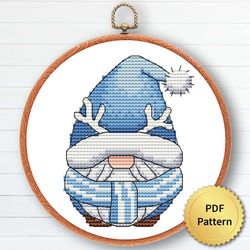 Blue Christmas Gnome Cross Stitch Pattern, Easy Cute Gnome Ornaments Embroidery, Counted Cross Stitch Chart. 9 of 9