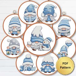 Blue Christmas Gnome Cross Stitch Pattern, Easy Cute Gnome Ornaments Embroidery, Counted Cross Stitch Chart. Set of 9