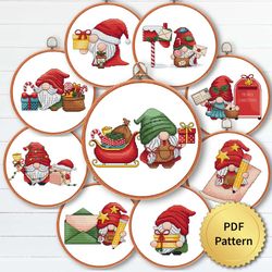 Christmas Gnome Cross Stitch Pattern, Easy Cute Gnome Ornaments Embroidery, Counted Cross Stitch Chart. Set of 9
