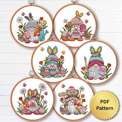 Easter Gnome Cross Stitch Pattern, Easy For Beginners, Easter Ornament Embroidery. Set of 6