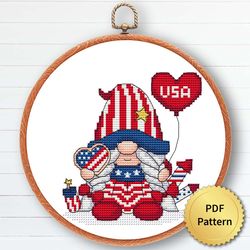 USA Patriot Gnome Cross Stitch Pattern, Easy Cute 4th July, America Independence, Embroidery, Counted Chart, 4 of 6