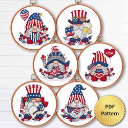 USA Patriot Gnome Cross Stitch Pattern, Easy Cute 4th July, America Independence, Embroidery, Counted Chart, Set of 6