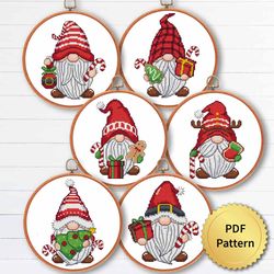 Christmas Gnome Cross Stitch Pattern, Easy Cute Gnome Ornaments Embroidery, Counted Cross Stitch Chart. Set of 6