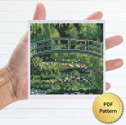 Water Lilies and Japanese Bridge by Claude Monet Cross Stitch Pattern. Miniature Art, Easy Tiny