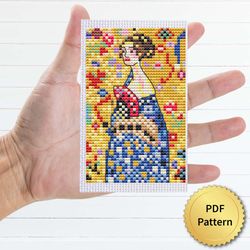 Lady with Fan by Gustav Klimt Cross Stitch Pattern. Miniature Art, Easy Tiny