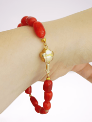 RED CORAL beaded BRACELET Original In gift pouch Made in Italy with gold color spacers and flower closure Gift for her H
