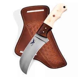 falcon knives handmade 1095 steel lineman hawkbill knife with crossdaw leather sheath, fixed blade electrician knife