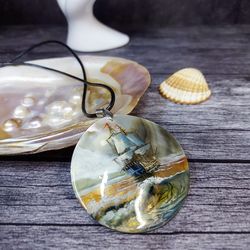 Handcrafted pearl pendant necklace Sea storm jewelry painted on shell art, Dainty nautical handmade jewelry for girl