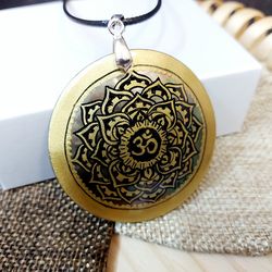 Gold mandala & sacred Om painted on Pearl pendant necklace. Hand painted aesthetic meditation jewelry for protection