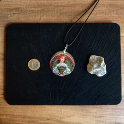 Dreaminess by Alphonse Mucha on pearl dainty necklace. Aesthetic jewelry with hand-painted art. Stylish gift for sister