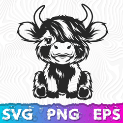 Cute Highland Cow Sitting Svg Png, Highland Cow SVG, Silhoue