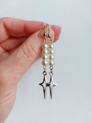 Silver star earrings Faux pearl star earrings North star earrings Silver polar star jewelry Y2K earrings Spike earrings