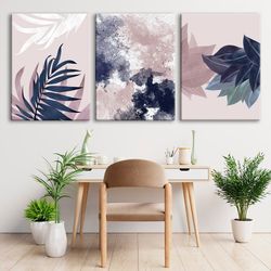 Floral pink 3 piece wall art print Tropical leaf poster Mid century modern wall decor Extra large framed scandinavian ca
