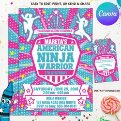 Ninja Warrior Invitation, Birthday Party Girls Female Invitation - INSTANT DOWNLOAD, Editable in Canva