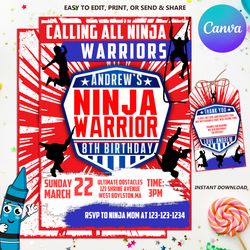 Ninja Warrior Invitation, American Ninja Birthday, Ninja Warrior Party, Ninja Invitations, Ninja Printable Invi
