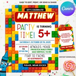 Building Blocks Birthday Invitation, Building Bricks Kids Birthday Party Invite, Printable Editable Canva Template, Edit