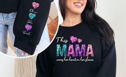 Personalized Mama Sweatshirt, Faux Glitter Design, Sleeve Printing, Children Name Shirt, Mothers Day Shirt, Heart Sweats