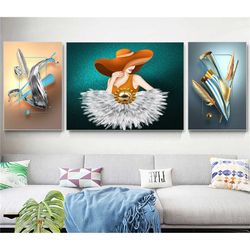Abstract green girl feather Prints, Abstract Wall Art, Home Decor Art, Light Luxury Printing Art, Canvas Print, Modern C