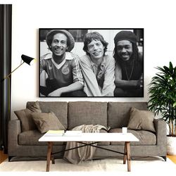 bob marley, mick jagger and peter tosh poster print, reggae music vintage canvas wall art, black and white photo canvas