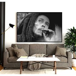 bob marley smoking poster print, reggae music vintage canvas wall art, black and white photo canvas wall art