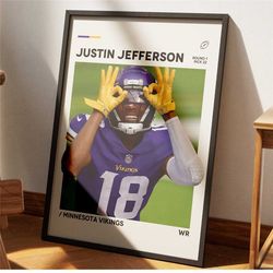 Justin Jefferson Poster, NFL Poster, Minnesota Vikings Poster Print, Minimalist Poster, Bedroom Wall Art, Vikings Wall A