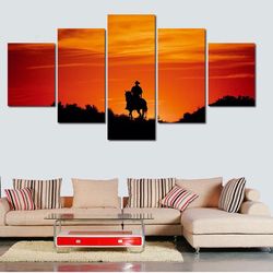 Cowboy Riding His Horse During Sunset Nature Canvas Art Wall Decor