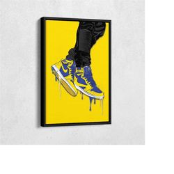 Air Jordan 1 Mid Blue Yellow Art Framed Poster Wall Art Home Decor Hand Made Canvas Print
