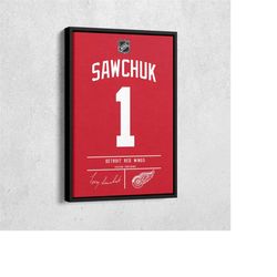 Terry Sawchuk Jersey Art Detroit Red Wings NHL Wall Art Home Decor Hand Made Poster Canvas Print