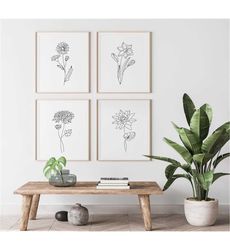 Custom Birth Flower Print Set, Botanical Line Art