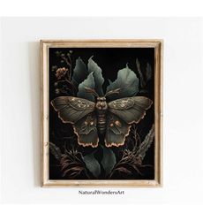 Botanical Moth Dark Cottagecore Wall Art Moody Floral