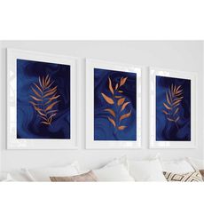 Navy & burnt orange leaf prints, gallery wall