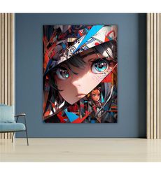 anime girl pop art canvas, colorful wall decor,