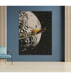 retro space rocket flying by moon canvas, outer