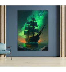 ghost ship green canvas, art print, nautical decor,