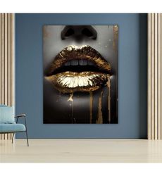 Gold Lip Canvas Art, Abstract Wall Decor, Modern