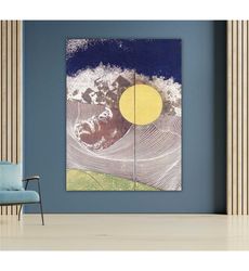 sun and wave landscape print, abstract ocean art,