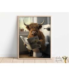 Highland Cow Sitting on the Toilet Reading a