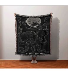 Kraken Line Drawing Throw Woven Blanket, Octopus Mystical