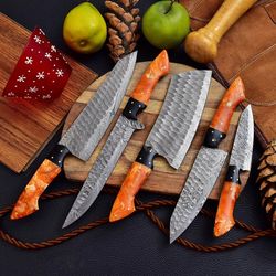 Handmade Damascus Steel Kitchen Chef Knives Set With Beautiful Colour Bone Handle